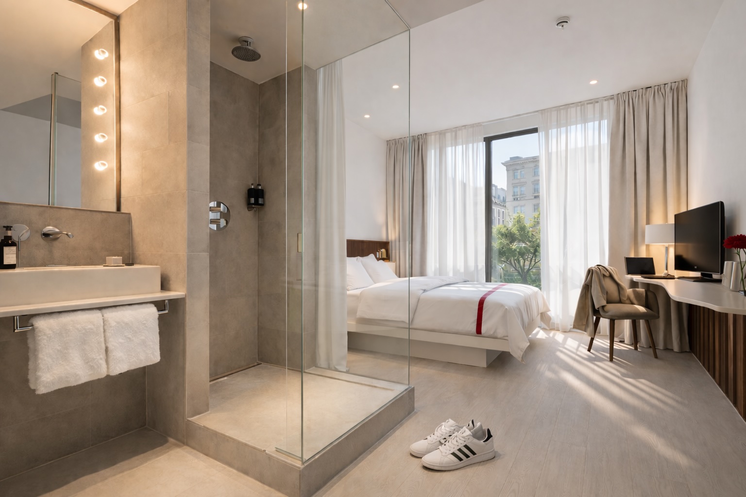 Hotel review Ruby marie Vienna - Lovely room with a kingsize bed an open showeer